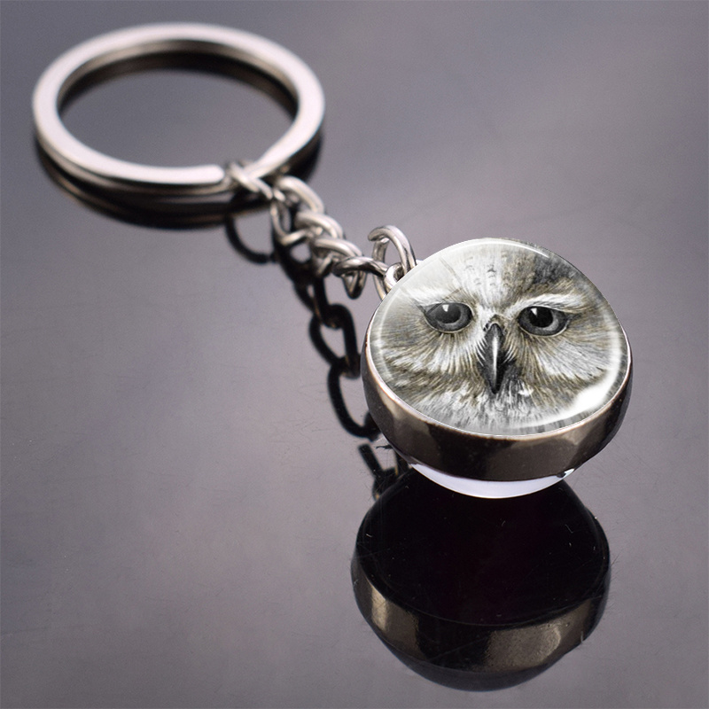 Cute Animals Trinket Owl Pattern Double Side Glass Ball Keychain Yin Yang Owl Pendant Keyring