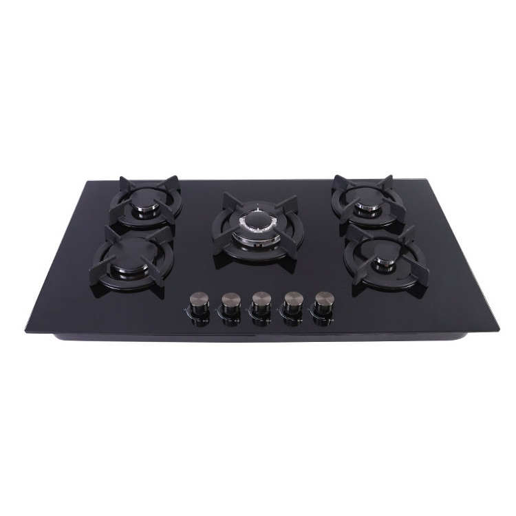 New Arrival Temperature Glass Surface Wok LPG 5 Burner Cooktop Table Top Gas Hob Stove