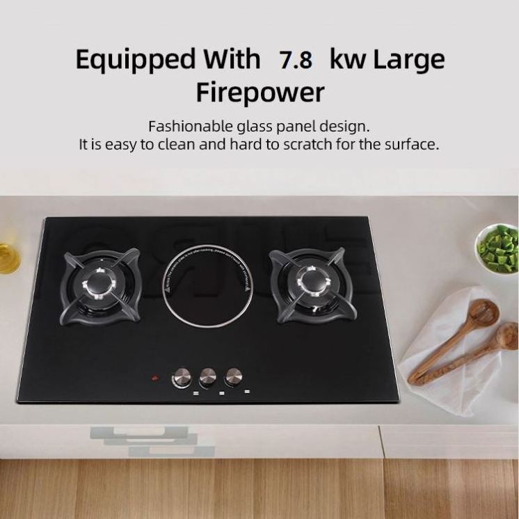 High Quality Home Appliance Tempered Glass Cast Iron Grill 3 Burner Built In Gas Hob With Electronic