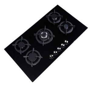 New Arrival Temperature Glass Surface Wok LPG 5 Burner Cooktop Table Top Gas Hob Stove