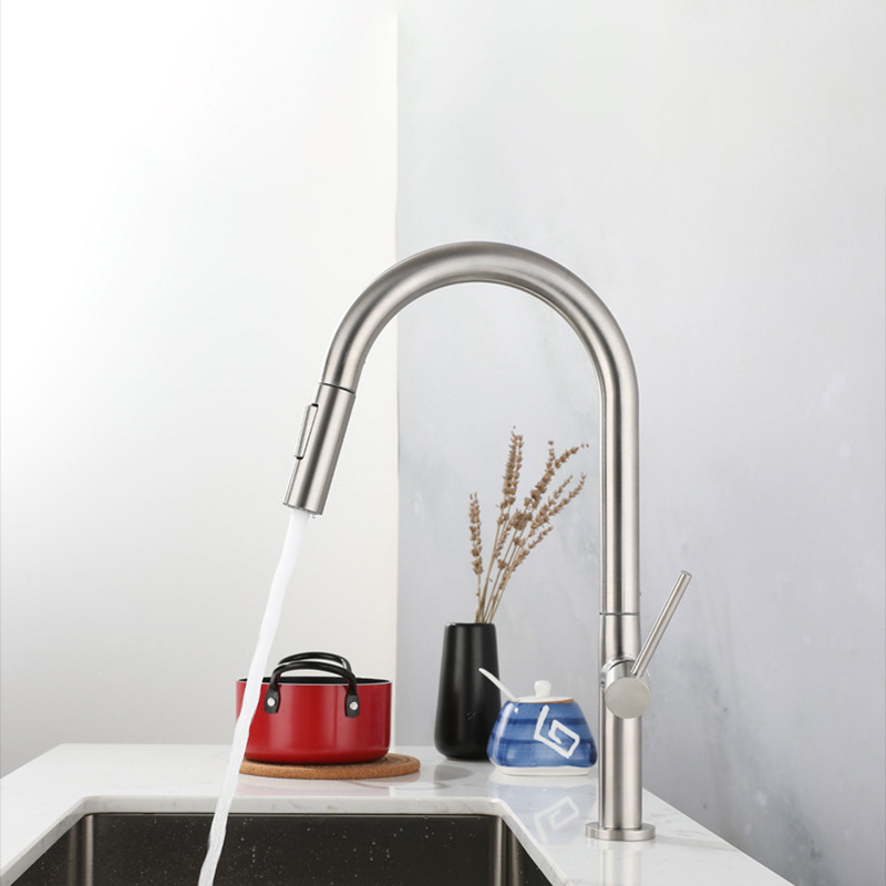 EVOMAX Flexible Hose Brushed Kitchen Faucet Industrial Commercial Single Handle Sink Pull Down Carton Package Logo Sliver Modern