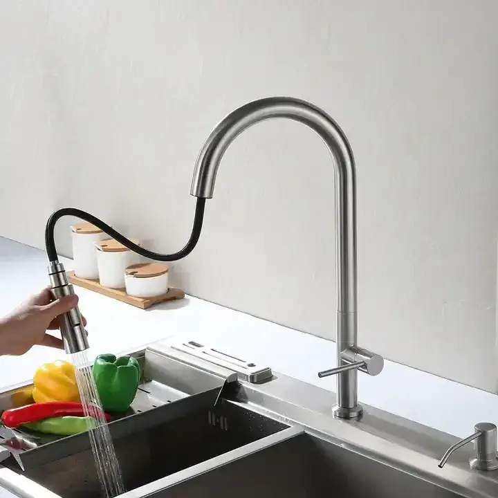 EVOMAX Flexible Hose Brushed Kitchen Faucet Industrial Commercial Single Handle Sink Pull Down Carton Package Logo Sliver Modern