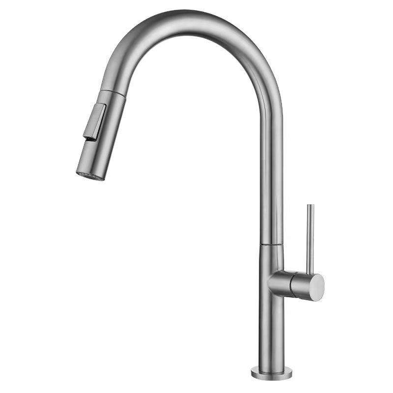 EVOMAX Flexible Hose Brushed Kitchen Faucet Industrial Commercial Single Handle Sink Pull Down Carton Package Logo Sliver Modern