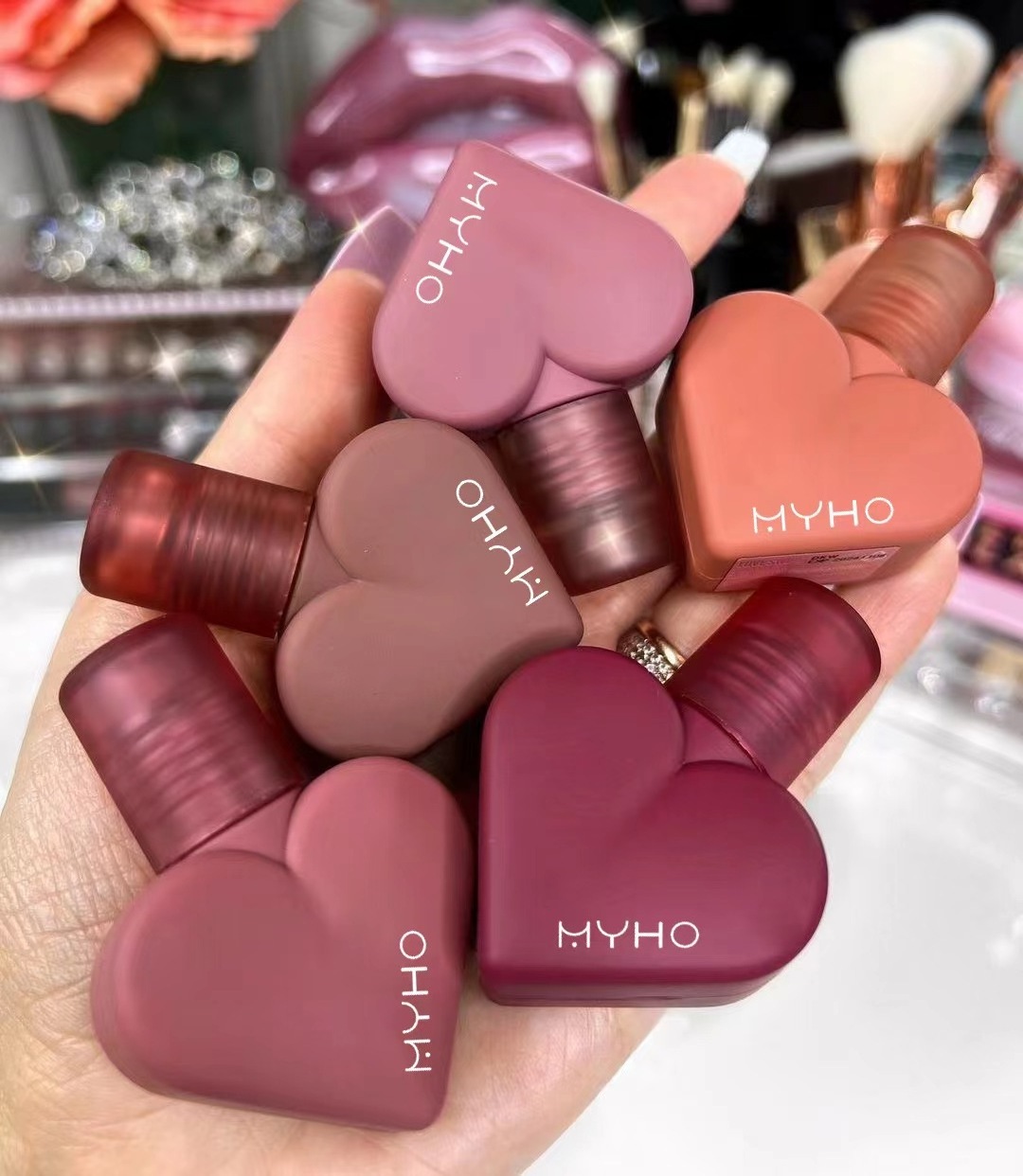 MYHO heart-shape matte lipgloss high pigment lipstick liquid makeup blush 3-in-1 multifunctional lip stick private label