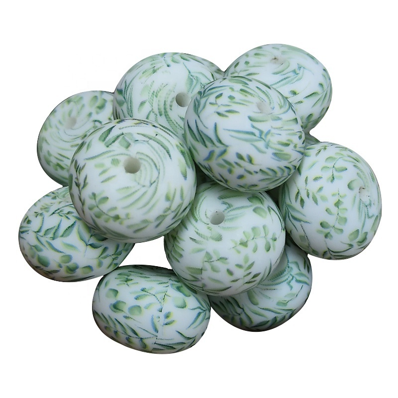 23mm custom printing green tree leaf spring tea daisy flower patterns silicone abacus beads character silicone focal beads