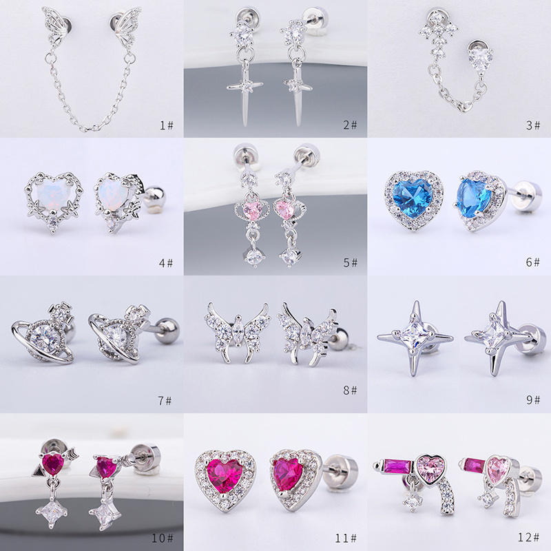 Butterfly heart opal piercing de titanio flat back cartilage tragus prong cz bow stud earring labret titanium jewelry piercing