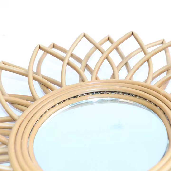 Nordic style flower Shape Decorative Mirror Rattan Innovative Art Wall Mirror Round Decorative Wicker Mirror for Home Decor