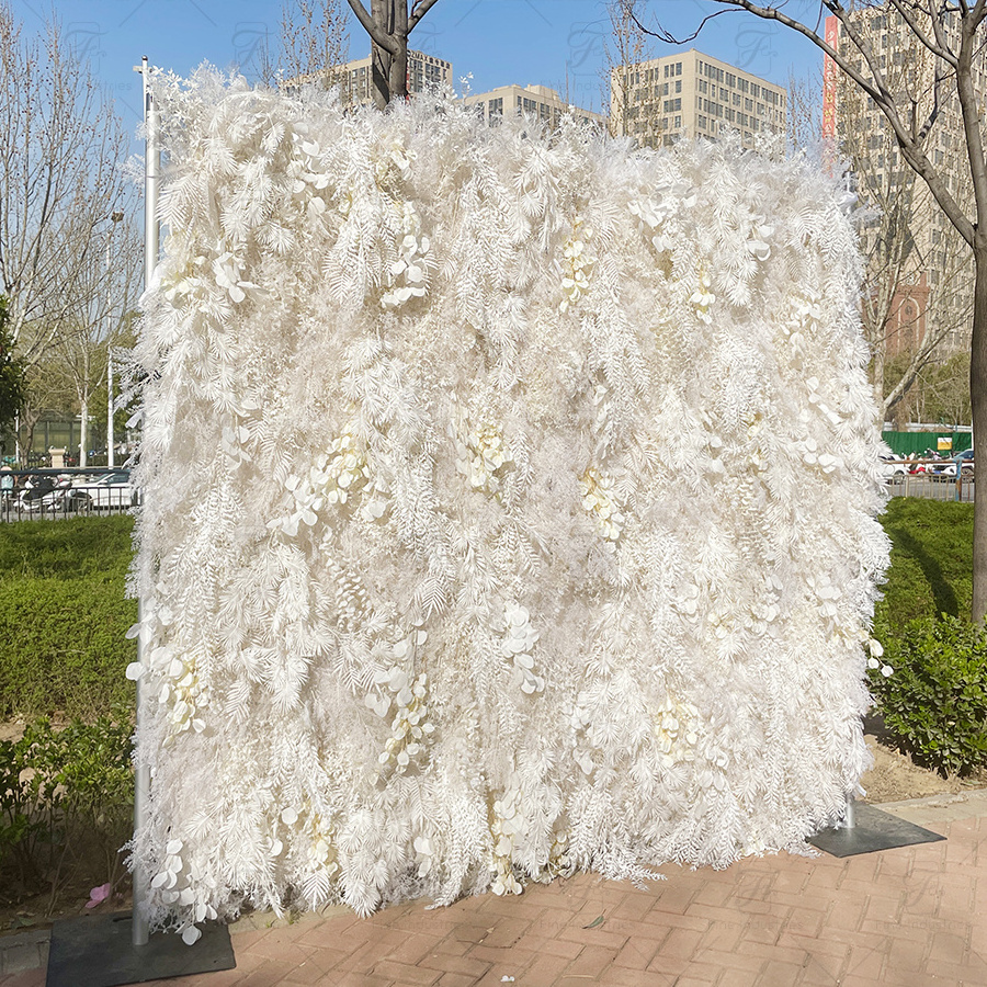 FW Wholesale silk fake pampas wall tile fabric cloth base rolling up pampas curtain plastic flower wall for wedding party decor