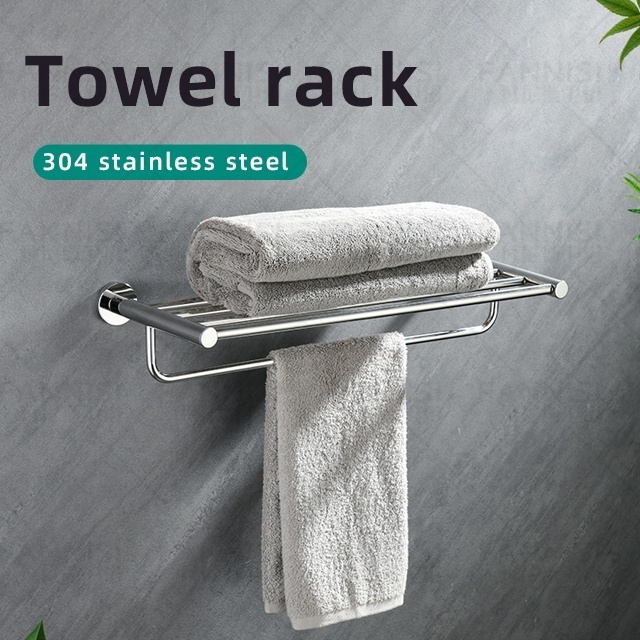 Bathroom accessories single double layer shelf holder stainless steel sus304 wall towel rack with 4 movable hooks