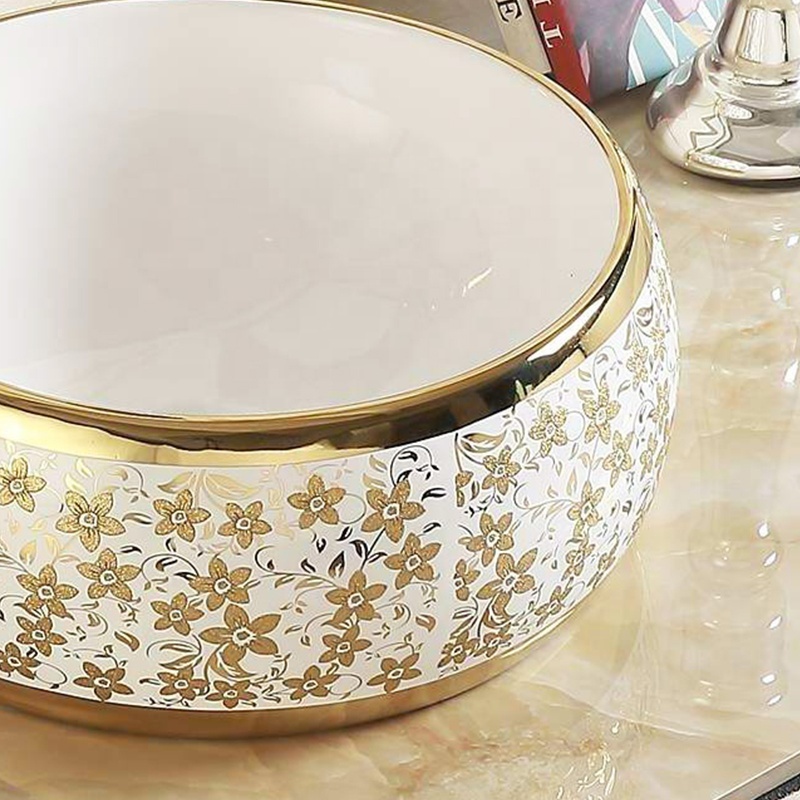 Moroccan style round bowl sink stone wash basin ceramic gold basin for bathroom