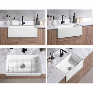 Handmade Single Bowl American Farm House Farmhouse Apron Ceramic Bathroom Basin Kitchen Sink with Drain Rack