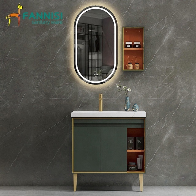 Euro style luxury wall mount bathroom cabinet furniture hotel bathroom vanity with runway shape smart mirror