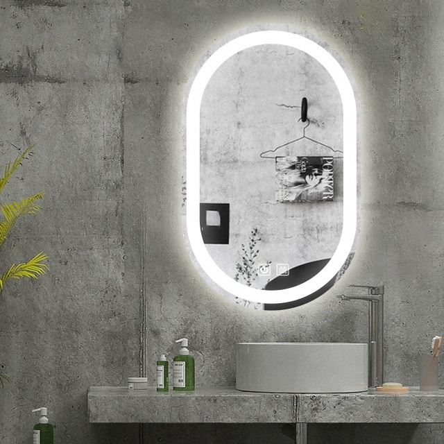 Runway shape round oval anti fog illuminated mirror bathroom wall led mirror with touch adjustable lights