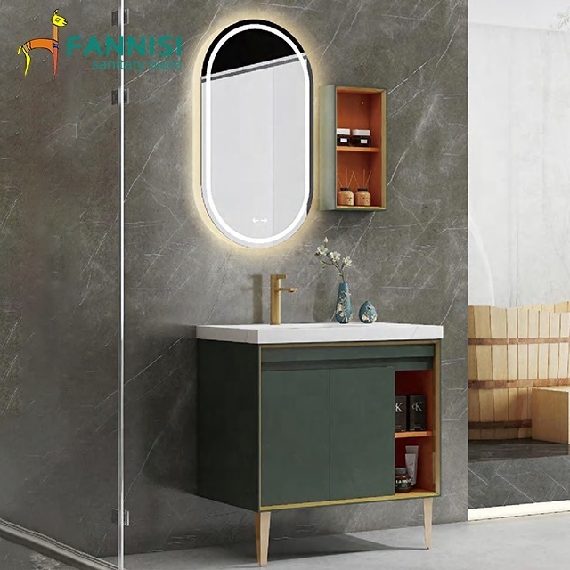 Euro style luxury wall mount bathroom cabinet furniture hotel bathroom vanity with runway shape smart mirror