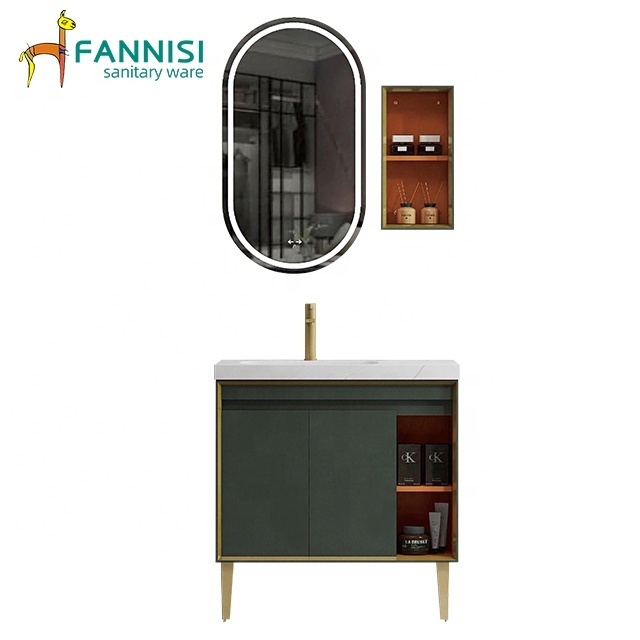 Euro style luxury wall mount bathroom cabinet furniture hotel bathroom vanity with runway shape smart mirror