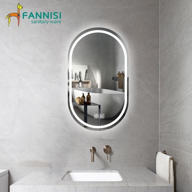 Runway shape round oval anti fog illuminated mirror bathroom wall led mirror with touch adjustable lights