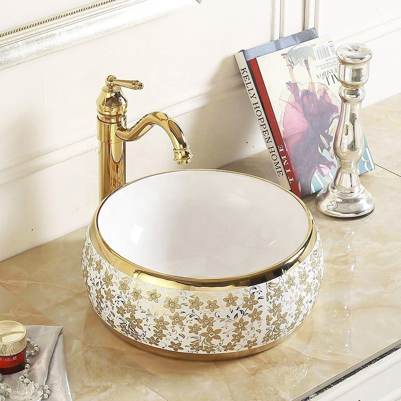 Moroccan style round bowl sink stone wash basin ceramic gold basin for bathroom