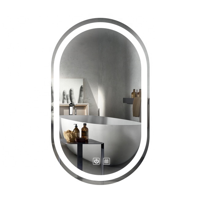 Runway shape round oval anti fog illuminated mirror bathroom wall led mirror with touch adjustable lights