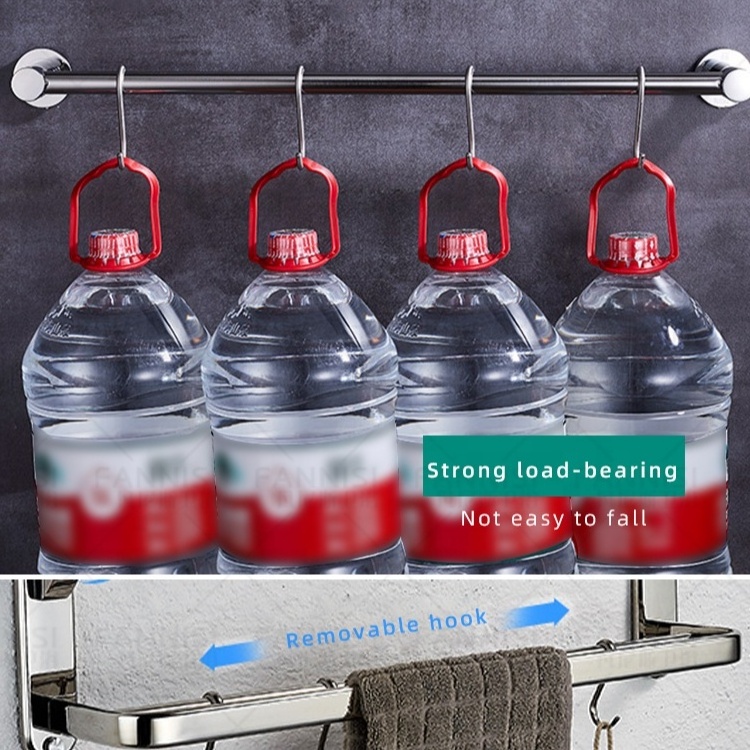 Bathroom accessories single double layer shelf holder stainless steel sus304 wall towel rack with 4 movable hooks