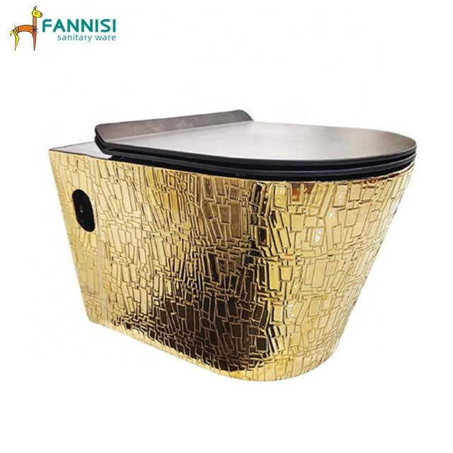 Golden Color Wall Mounted Hanging Wc Toilet Bowl Ceramic Bathroom Luxury Gold Electroplated Wall Hung Toilet