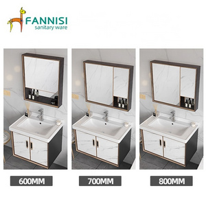 Space aluminum wall mounted ceramic countertop bathroom sink cabinet with LED light