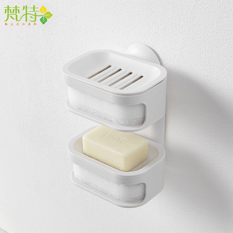 Originality Double Deck Soap Holder Plastic Drain Sucker Wall Soap Dish with Sponge