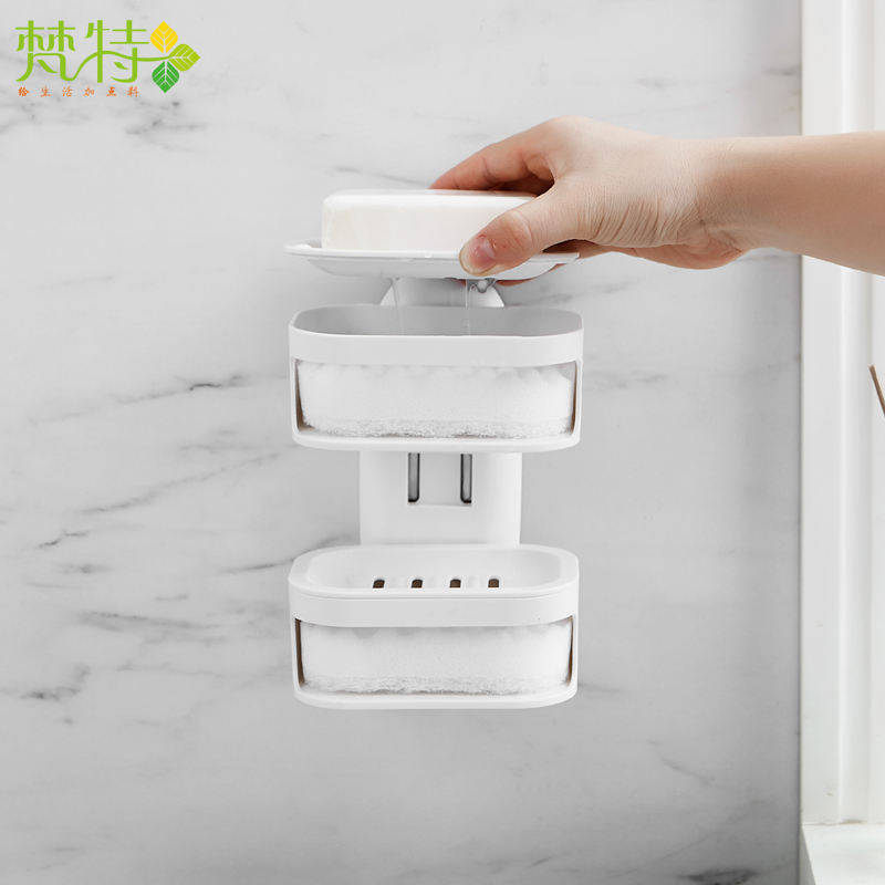 Originality Double Deck Soap Holder Plastic Drain Sucker Wall Soap Dish with Sponge