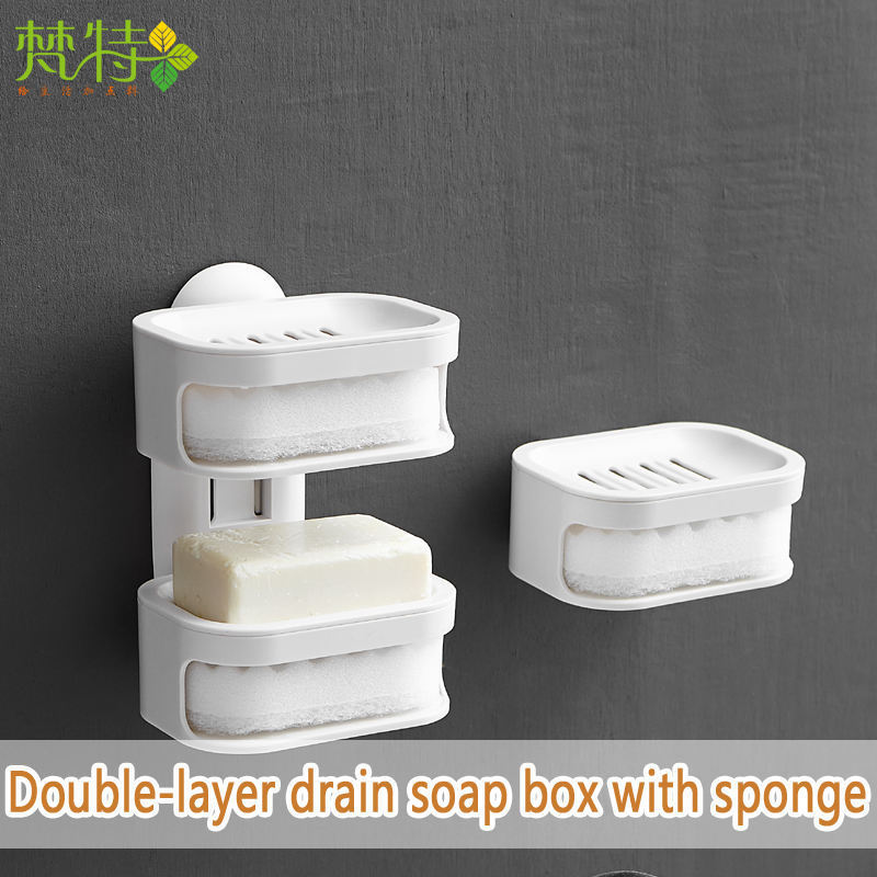 Originality Double Deck Soap Holder Plastic Drain Sucker Wall Soap Dish with Sponge