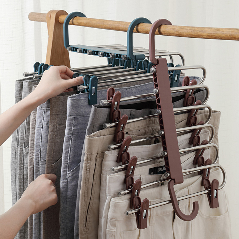 Multifunctional folding plastic with clips  telescopic plastic pants hanger plastic space saving hanger closet organizer