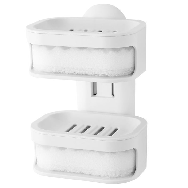 Originality Double Deck Soap Holder Plastic Drain Sucker Wall Soap Dish with Sponge