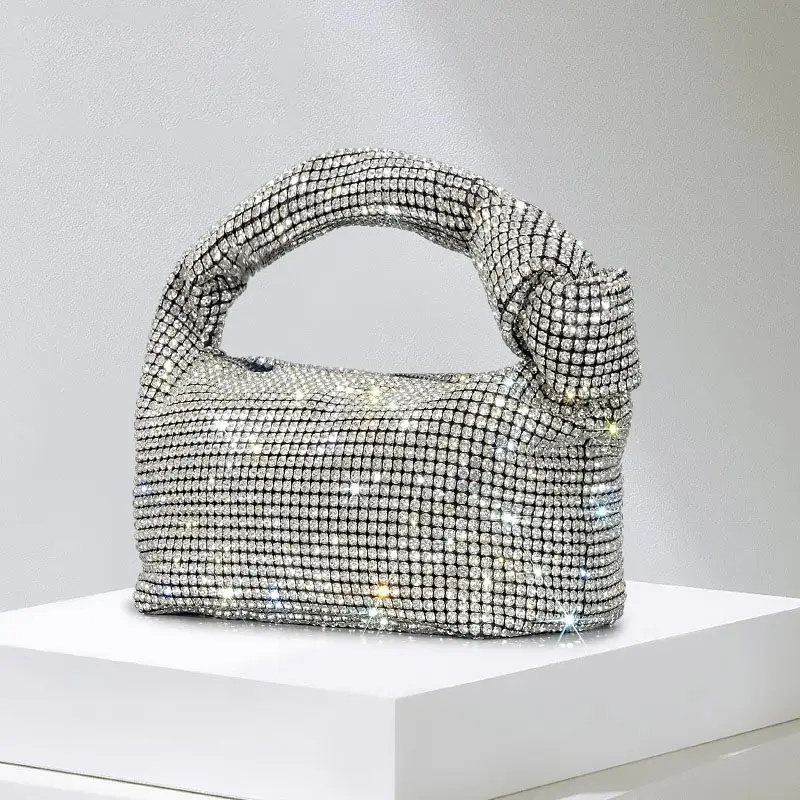 Wholesale Luxury Diamond Silver purse Shining Knot Handbags Rhinestone Mesh Evening Bag