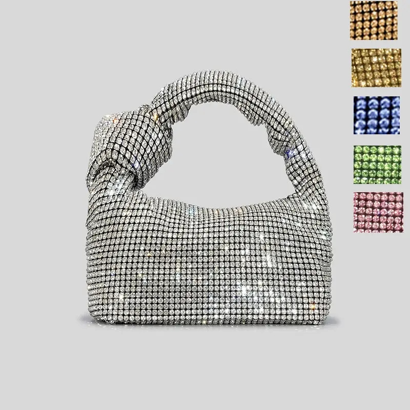 Wholesale Luxury Diamond Silver purse Shining Knot Handbags Rhinestone Mesh Evening Bag