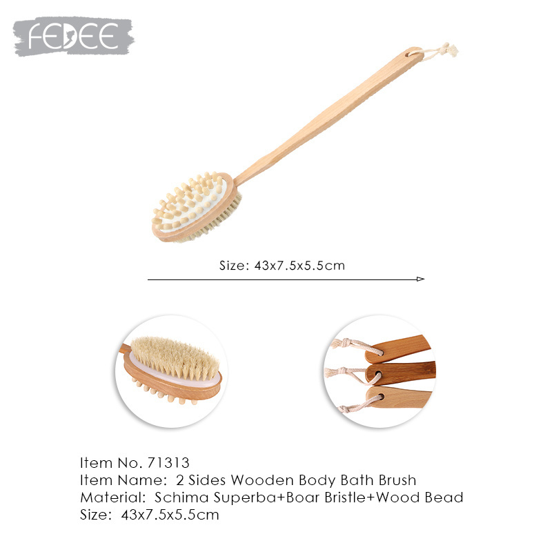 2 Sides Long Handle Natural Boar Bristles Shower Bath Brush Back Body Scrubber Cellulite Wooden Bath Massage Brush