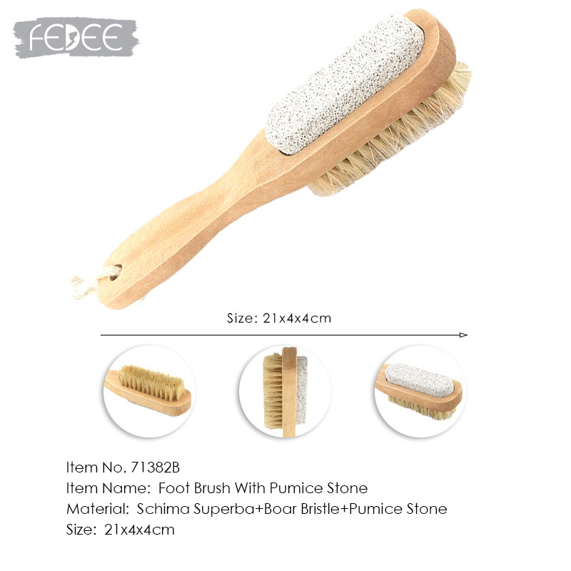 High Quality Natural Double Side Wooden Handle Pumice Stone Brush Foot Brush For Feet