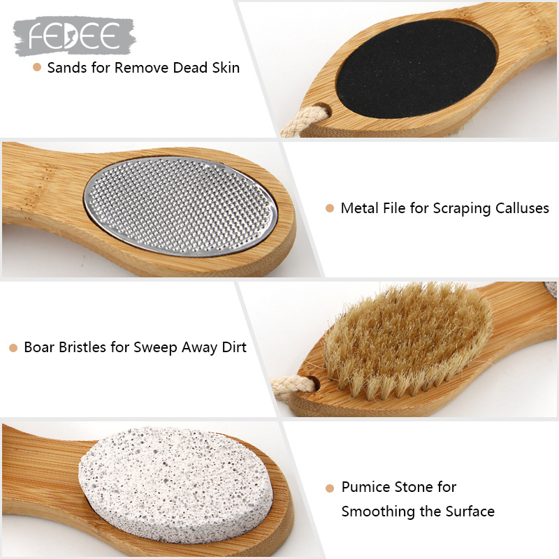 Hot Sale 4 in 1 Steel Files Sandpaper Pumice Stone Boar Bristle Bamboo Scrubber Foot Brush Feet Cleaner File