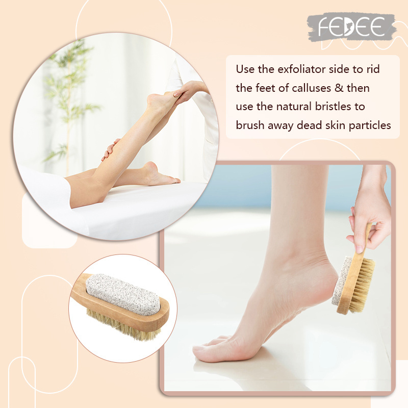 High Quality Natural Double Side Wooden Handle Pumice Stone Brush Foot Brush For Feet