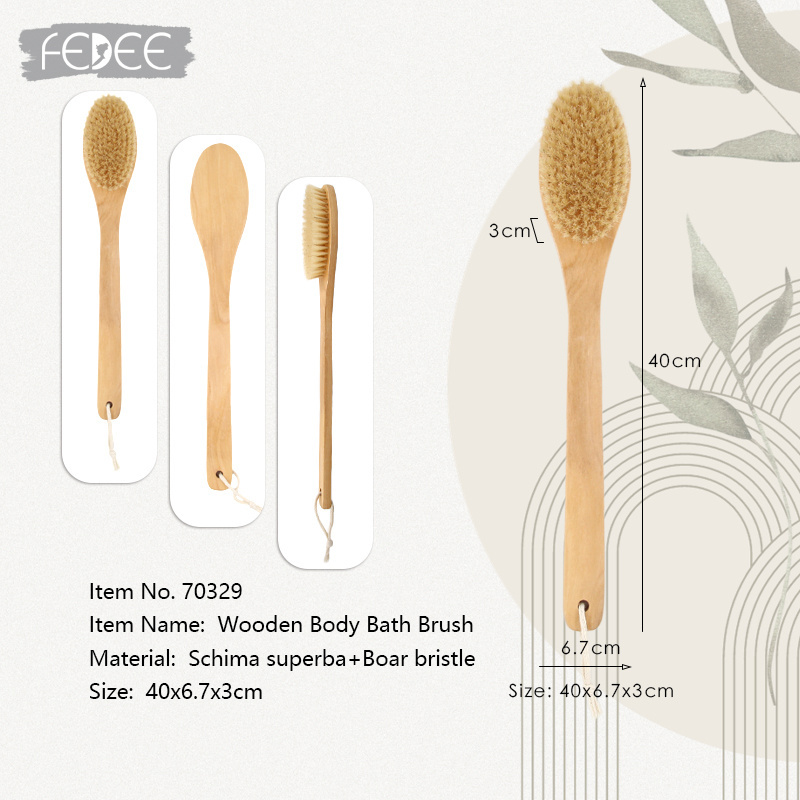 Schima superba Long Handle Shower Bath Body Brush Dry Brush Back Scrubber Skin Exfoliate and Massage Wooden Bath Dry Body Brush