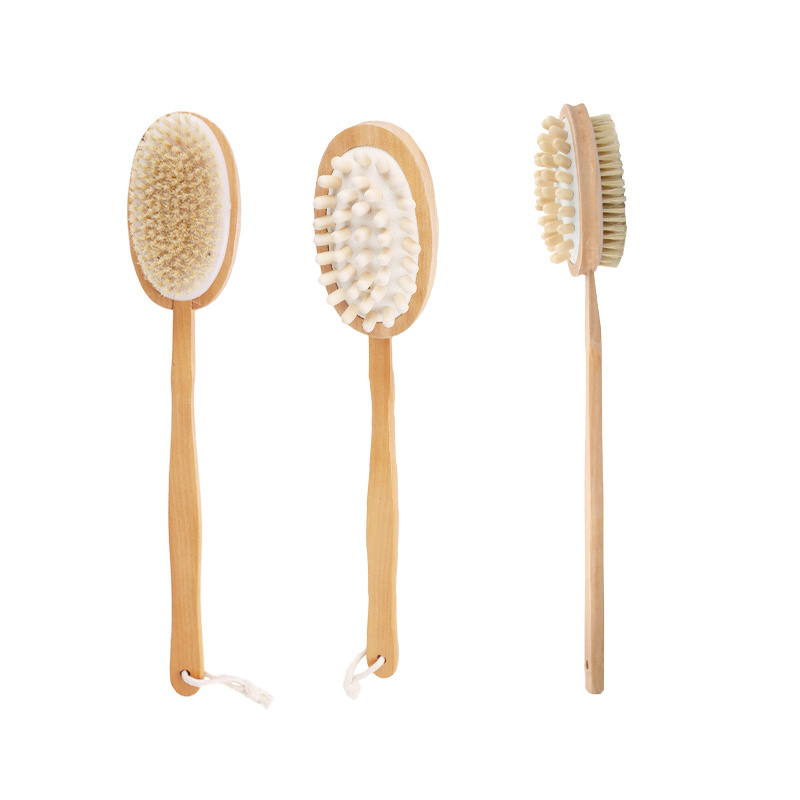 2 Sides Long Handle Natural Boar Bristles Shower Bath Brush Back Body Scrubber Cellulite Wooden Bath Massage Brush