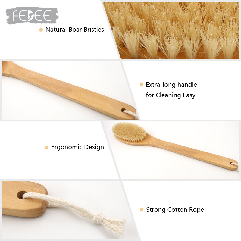 Schima superba Long Handle Shower Bath Body Brush Dry Brush Back Scrubber Skin Exfoliate and Massage Wooden Bath Dry Body Brush