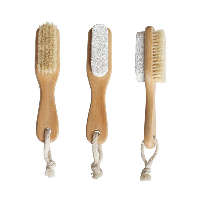 High Quality Natural Double Side Wooden Handle Pumice Stone Brush Foot Brush For Feet