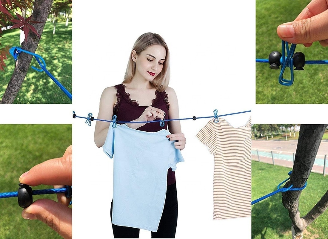 12 Clothepins with Anti-Skid Clips Clothes Hang Dry Rope Retractable Elastic Clothesline for Travel Camping