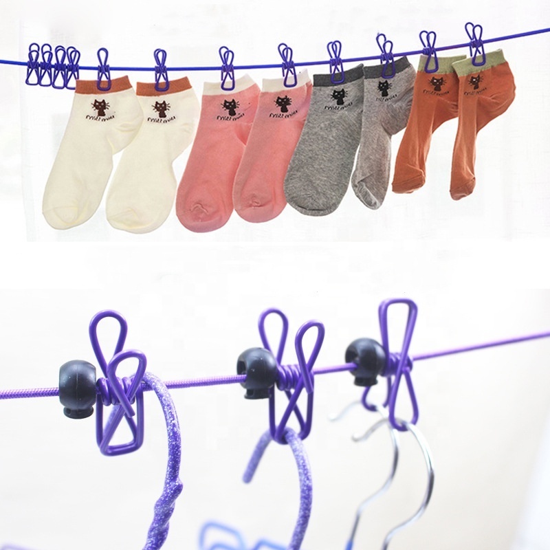 12 Clothepins with Anti-Skid Clips Clothes Hang Dry Rope Retractable Elastic Clothesline for Travel Camping