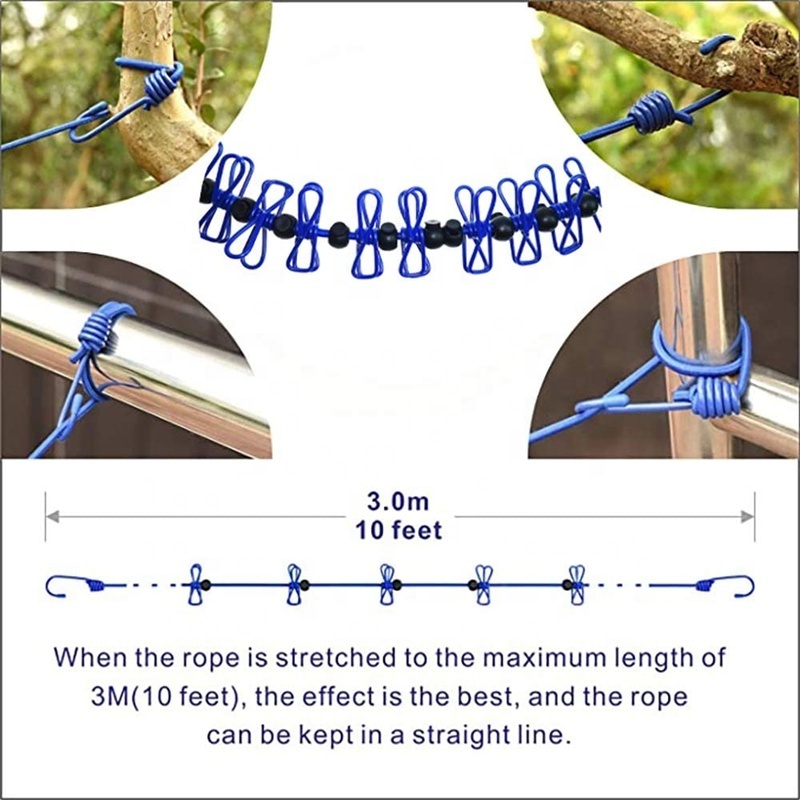 12 Clothepins with Anti-Skid Clips Clothes Hang Dry Rope Retractable Elastic Clothesline for Travel Camping