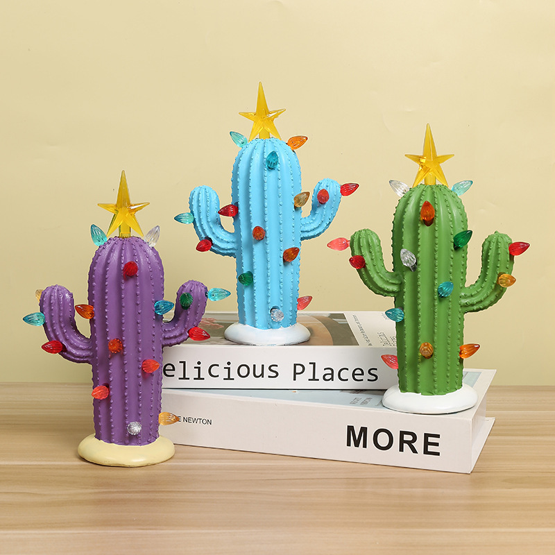 Popular Cactus Potted Plants With Lights Christmas Holiday Home Decoration Living Room Desk Resin Crafts Art Ornaments