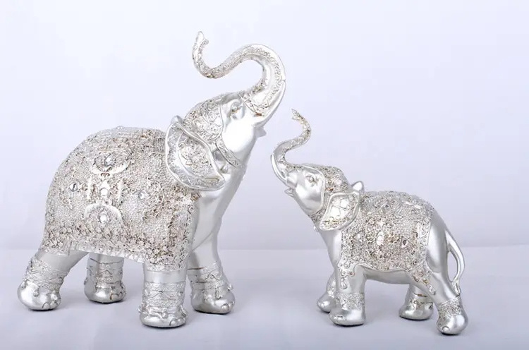 Vivid Creative Gold Silver Elephant Sculpture Exquisite Animal Statue Set Home Ornaments Bartificial Resin Crafts