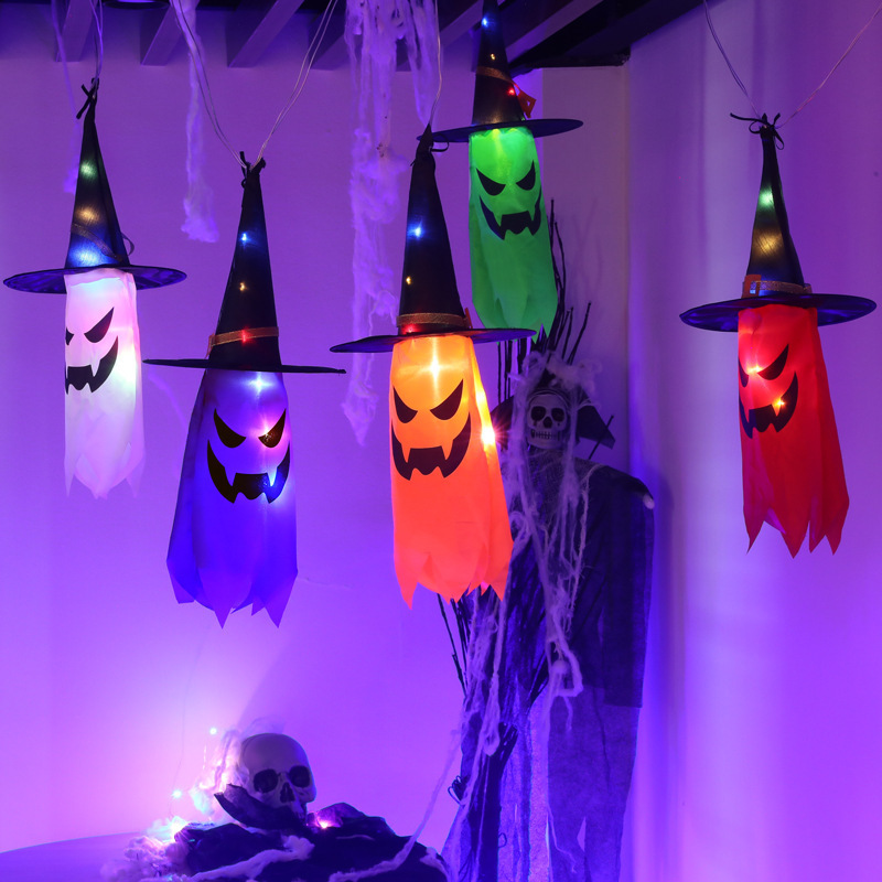 LED Halloween Decoration Flashing Light Gypsophila Ghost Festival Dress Up Glowing Wizard Ghost Hat Lamp Decor Hanging Lantern