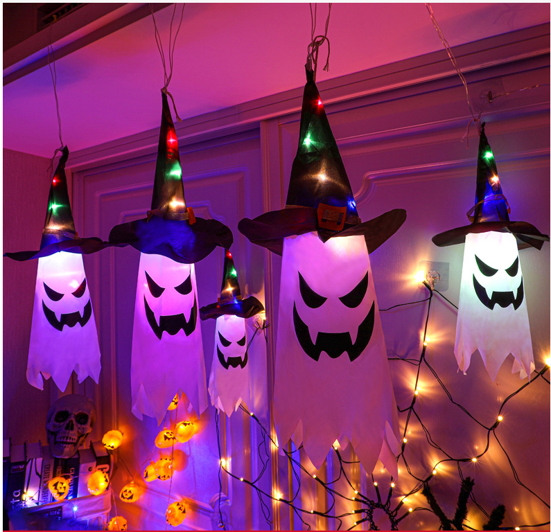 LED Halloween Decoration Flashing Light Gypsophila Ghost Festival Dress Up Glowing Wizard Ghost Hat Lamp Decor Hanging Lantern