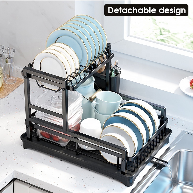 Custom Double Layer Kitchen Cabinet Metal Wire Accessory Dish Plate Drying Rack Shelf Storage Organizer with Sink Drainer