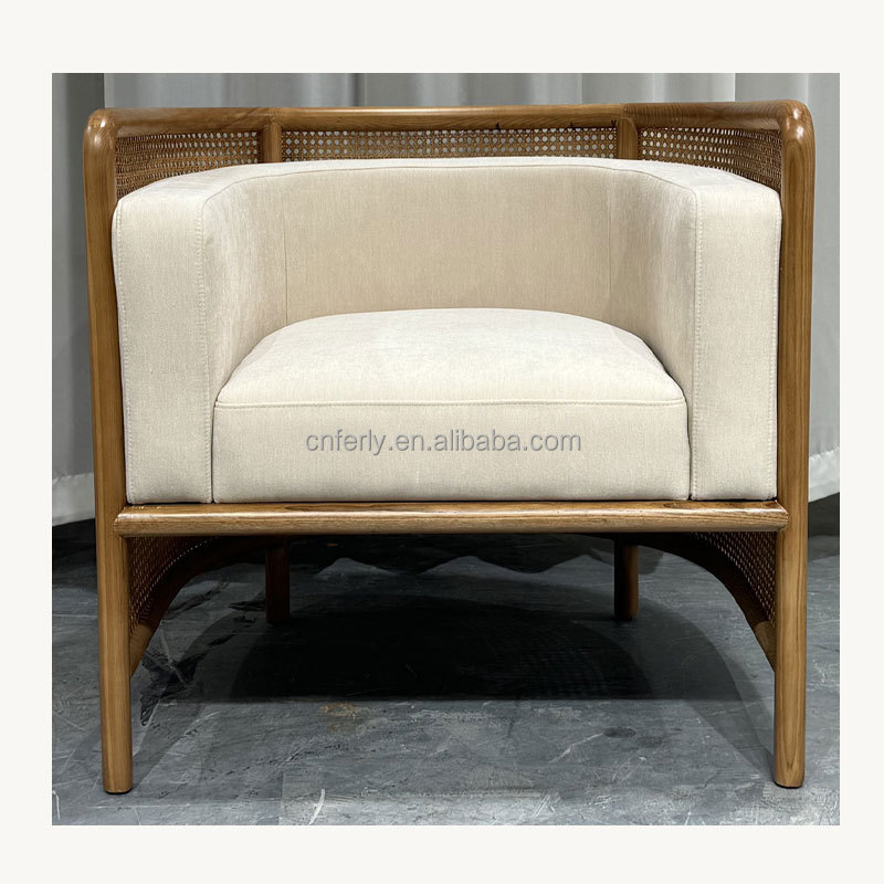 American style accent chair room sofas high-density polyfoam lounge chair solid white oak frame rattan lounge chair