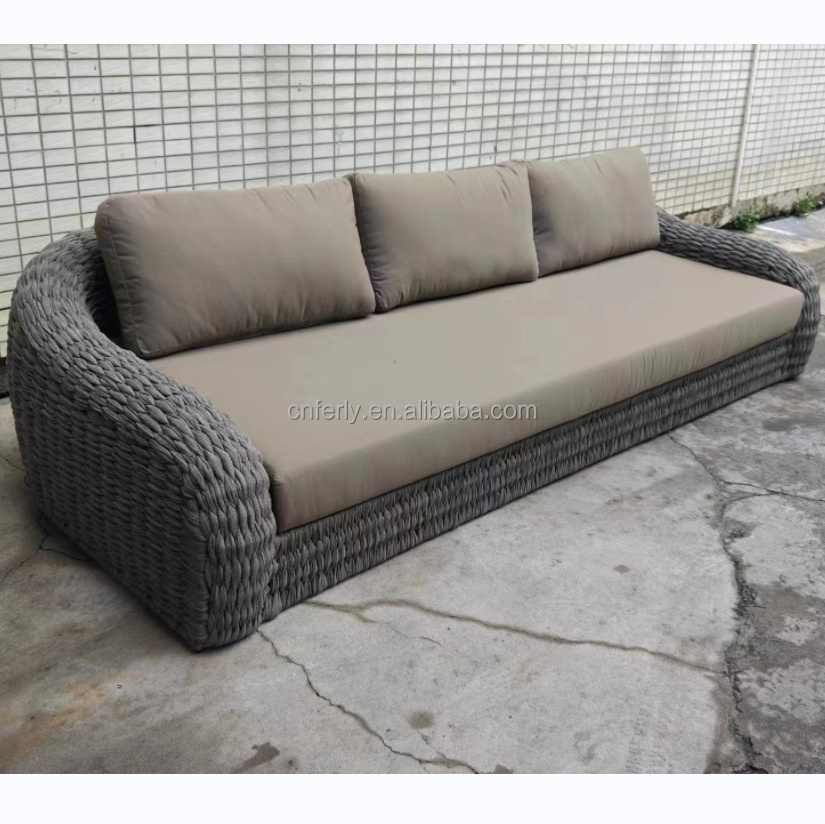 Modern all weather outdoor furniture sofa set garden cane sofa low-slung seat sloping arms wooden feet wicker garden set